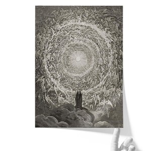 Puede incluir: Grabado en blanco y negro de una escena celestial. Dos figuras est&aacute;n de pie sobre una nube, mirando una luz brillante rodeada de figuras arremolinadas. La obra de arte es detallada y parece ser un grabado.