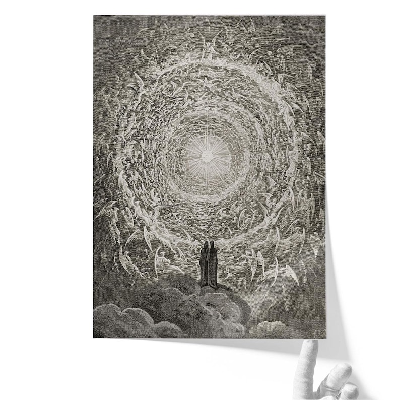 Puede incluir: Grabado en blanco y negro de una escena celestial. Dos figuras est&aacute;n de pie sobre una nube, mirando una luz brillante rodeada de figuras arremolinadas. La obra de arte es detallada y parece ser un grabado.