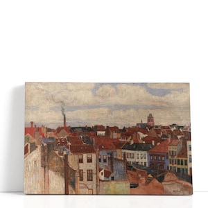 May include: An oil painting depicting a cityscape with red-tiled roofs, various building colors, and a church steeple in the distance. A tall smokestack emits smoke under a cloudy sky. The artwork is mounted on a white surface.