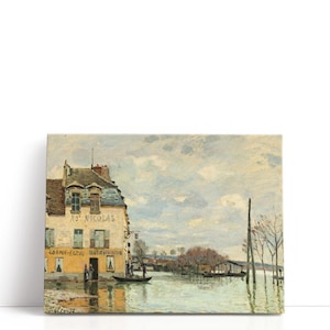 Alfred Sisley Painting – Flood at Port Marly, 1872 | Historic Town Architectural Prints & River Coastal Wall Decor for Vintage Lodge Display