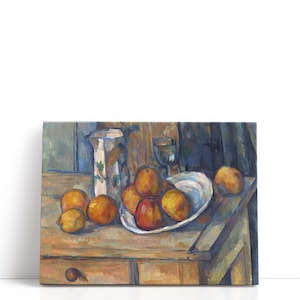 May include: A still life painting depicting a white jug with a floral pattern, a glass, and a white dish filled with oranges. The painting is on a wooden table with a drawer. The colour palette includes shades of orange, blue, and brown.