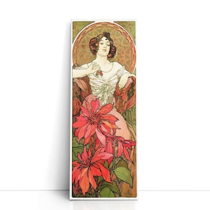 May include: Art Nouveau print depicting a woman in a white dress with red flowers. The woman is seated with a decorative circular background. The artwork has a vintage aesthetic with a colour palette of red, green, and gold.