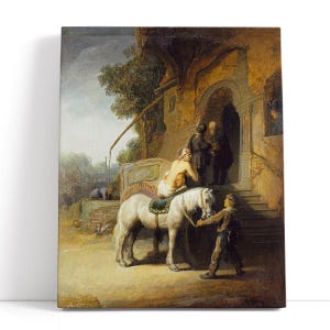 Opera d'arte di Rembrandt van Rijn - Il buon samaritano, 1630 / Stampa d'arte religiosa dell'era barocca e illustrazione biblica d'epoca. Decorazione di fede senza tempo.