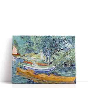 May include: A canvas print of a painting depicting a river scene with several boats and figures. The artwork features a palette of blues, greens, and yellows, with visible brushstrokes. The boats are various colors, and the figures are dressed in light-colored clothing.