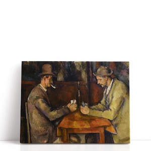 May include: A canvas print of a painting depicting two men playing cards at a table. The men are wearing hats and jackets, and one is smoking a cigarette. The table is covered with a red cloth, and the background is dark.