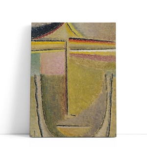 May include: Abstract painting on canvas depicting a stylized face. The artwork features a palette of muted colors, including olive green, beige, and touches of pink and yellow. The face is formed by geometric shapes and lines, creating a modern, artistic aesthetic.