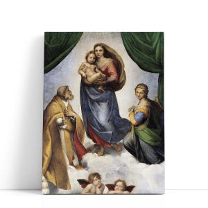 May include: A canvas print of a Renaissance painting showing the Virgin Mary with the baby Jesus, surrounded by figures in classical attire and cherubs. The artwork uses a soft colour palette with blue, red, and gold hues, set against a cloudy backdrop.