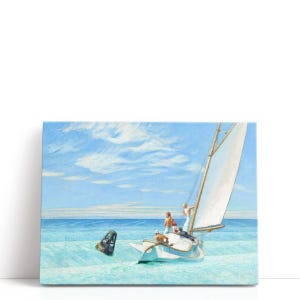 May include: An oil painting shows a sailboat with a white sail and a blue hull, sailing on turquoise water under a blue sky with white clouds. Several figures are on the boat. A black buoy floats nearby.