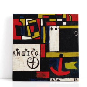 May include: Abstract painting with a geometric design in red, black, yellow, and white. The word "ANTICO" is visible, along with a compass rose symbol. A red anchor and a yellow flag are also present. The painting has a square shape.
