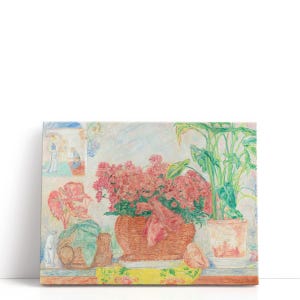 May include: A still life painting featuring a woven basket overflowing with pink flowers, a potted plant with large green leaves, and other decorative elements. The artwork has a soft, impressionistic style with a light color palette.