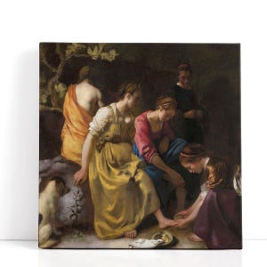 May include: A square canvas print of a classical painting showing several figures in a natural setting. The artwork features women in draped garments, with a dog and a plate visible. The colour palette includes yellows, reds, and blues.