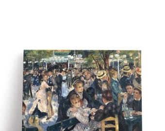 May include: A canvas print of a painting depicting a lively outdoor scene. The artwork features a crowd of people, some dancing, others seated at tables. The color palette includes greens, blues, and browns, creating a vintage aesthetic.