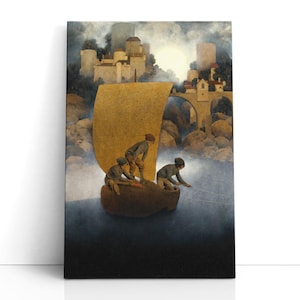 Puede incluir: Impresión en lienzo que representa una escena surrealista de un barco con tres figuras navegando hacia un castillo. El barco tiene una gran vela dorada. El fondo presenta un castillo, un puente y un cielo brumoso.