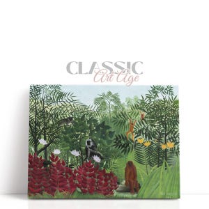 May include: A canvas print of a jungle scene with monkeys, birds, and lush foliage. The artwork features vibrant greens, reds, and yellows, with the text "CLASSIC Art Age" in the upper left corner. The painting style is reminiscent of Henri Rousseau.