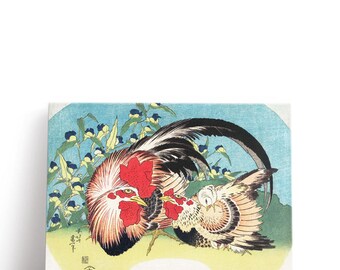 Katsushika Hokusai Artwork, Rooster, Hen and Chicken with Spiderwort | Canvas Print Wall Art