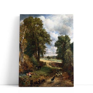 May include: A canvas print of a pastoral landscape painting. The artwork depicts a dirt path winding through a lush green field, with trees and a flock of sheep. A dog stands in the foreground, and figures are visible in the distance under a cloudy sky.