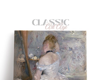 May include: A canvas print of a classic painting featuring a woman in a white dress, seen from the back, adjusting her hair. The background has a floral pattern. The text "CLASSIC Art Age" is at the top.