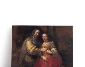 May include: A canvas print of a classic painting featuring a man and a woman. The man wears a gold and brown patterned coat, while the woman is in a red dress. The artwork has a dark, warm color palette.
