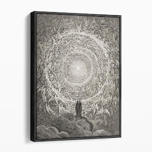 Puede incluir: Impresi&oacute;n enmarcada en negro de un grabado detallado que representa una escena celestial. Una luz brillante emana del centro, rodeada de numerosas figuras con alas. Dos figuras se alzan sobre una nube en primer plano.