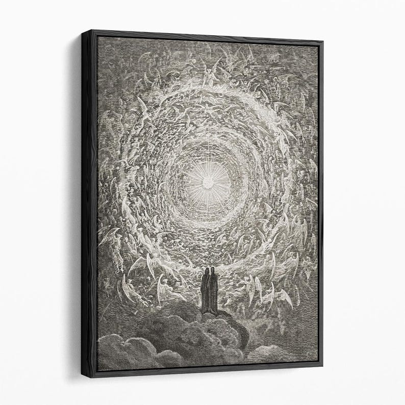 Puede incluir: Impresi&oacute;n enmarcada en negro de un grabado detallado que representa una escena celestial. Una luz brillante emana del centro, rodeada de numerosas figuras con alas. Dos figuras se alzan sobre una nube en primer plano.