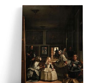 May include: A framed print of Diego Velázquez's "Las Meninas" featuring a group of figures in a room. The painting depicts a young girl surrounded by attendants, with a dog in the foreground and a man in the background. The color palette is dominated by browns, whites, and blacks.