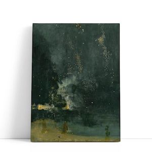 May include: An abstract painting of a night scene with fireworks. The artwork features a dark green and black background with bursts of gold and white light. The bottom of the painting has a light brown and yellow color.