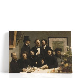 May include: A canvas print of a vintage painting depicting a group of men in formal attire gathered around a table. The artwork features a muted color palette with a focus on the figures and their expressions. The scene is set indoors with subtle details.