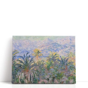 Pintura de Claude Monet: Palmeras en Bordighera, 1884 / Obra de arte de palmeras, impresiones en lienzo de naturaleza en exuberantes tonos verdes para decoración tropical.