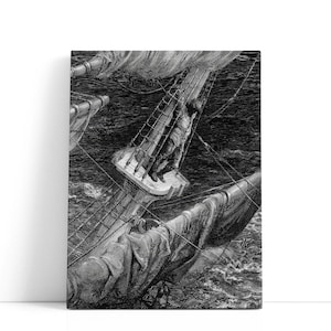 May include: Black and white illustration of a ship at sea, with a person on the rigging. The artwork depicts a dramatic scene with rough waves and detailed linework, evoking a sense of adventure and historical maritime themes.