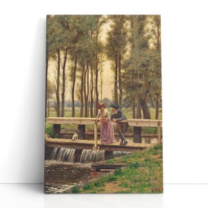 May include: A framed canvas print of a classic painting showing a couple on a wooden bridge over a small waterfall. A small dog is nearby. Tall trees and green foliage fill the background, creating a serene outdoor scene.