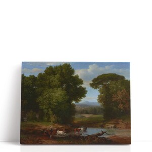 May include: A canvas print of a pastoral landscape painting. The artwork depicts a serene scene with trees, a body of water, and cattle. The color palette includes greens, browns, blues, and whites, creating a tranquil atmosphere.