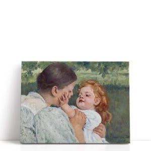 May include: A canvas print of a painting depicting a woman holding a young child. The woman has dark hair and is wearing a light blue dress. The child has red hair and is wearing a white dress. The background is a green landscape.