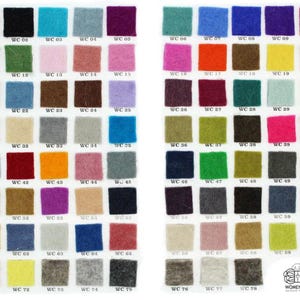 May include: A color chart of 78 felt swatches, each labeled with a code starting with "WC". The swatches are arranged in rows and columns, with a variety of colors, including red, blue, green, yellow, orange, brown, gray, and white.