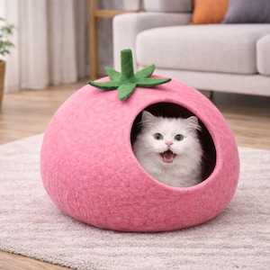 手作りの居心地の良いピンクのフェルト製キャットケーブ｜ウールキャットハウス：好奇心旺盛な猫ちゃんのためのユニークな隠れ家｜環境に優しいペットサンクチュアリ