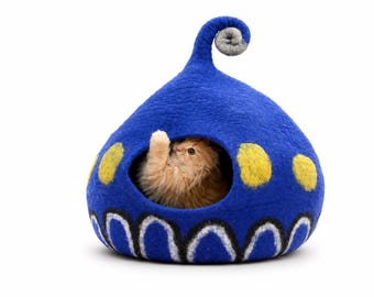 Modern Blue Wool Cat Cave – Handmade Felt Cat Bed