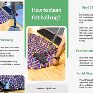 Puede incluir: Una alfombra de bolas de fieltro multicolor se limpia con una aspiradora. La imagen tambi&eacute;n muestra consejos de limpieza, incluyendo la limpieza de manchas y evitar la luz solar directa. Se muestra el sitio web www.woollyfelt.com.