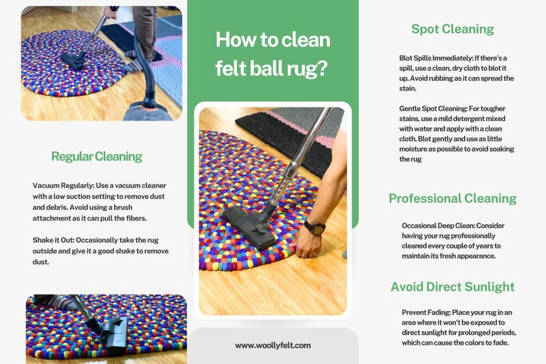 Puede incluir: Una alfombra de bolas de fieltro multicolor se limpia con una aspiradora. La imagen tambi&eacute;n muestra consejos de limpieza, incluyendo la limpieza de manchas y evitar la luz solar directa. Se muestra el sitio web www.woollyfelt.com.