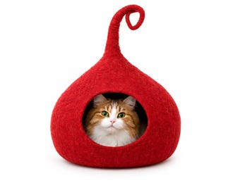 Casinha de feltro marrom para gatos com rabo - Móveis modernos feitos à mão para gatos - Cama premium para animais de estimação
