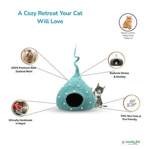 May include: A teal felted wool cat cave with a spiraled top and white polka dot accents, featuring a circular entrance. The image includes text: A Cozy Retreat Your Cat Will Love, 100% Premium New Zealand Wool, Reduces Stress & Anxiety, Ethically Handmade in Nepal, Natural comfort Happy home Happy cat, Safe, Non-Toxic & Eco-friendly, and the Woolly Felt logo.