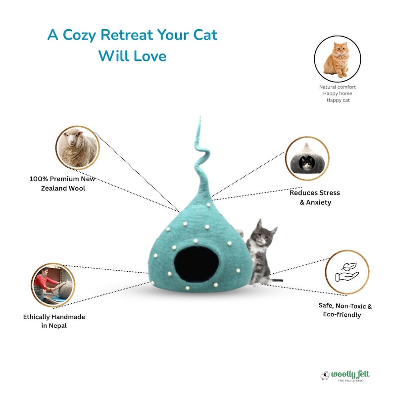 May include: A teal felted wool cat cave with a spiraled top and white polka dot accents, featuring a circular entrance. The image includes text: A Cozy Retreat Your Cat Will Love, 100% Premium New Zealand Wool, Reduces Stress & Anxiety, Ethically Handmade in Nepal, Natural comfort Happy home Happy cat, Safe, Non-Toxic & Eco-friendly, and the Woolly Felt logo.