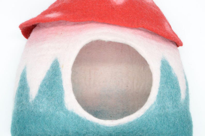 May include: A felt pet bed shaped like a mushroom with a red top and a teal and white bottom. The bed has a large opening for a pet to enter.