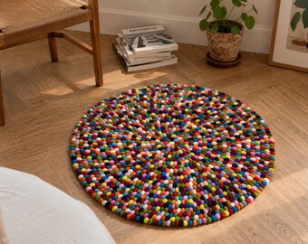 30-500 CM Multicolor Felt Ball Rug | Handmade Wool Rug | Eco-Friendly | Perfect For Nursery, Or Any Indoor Spaces