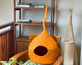 Handmade Wool Felt Cat Cave – Modern Orange Pet Bed