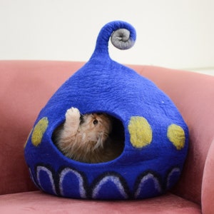 Modern Design Blue Cat House- Organic Wool Cat Cave Bed - Authentic Design Handmade Pet Furniture