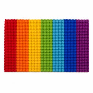 May include: A rectangular rug composed of numerous small, spherical felt balls arranged in vertical stripes of red, orange, yellow, green, light blue, dark blue, and purple, creating a vibrant rainbow pattern across the entire surface.