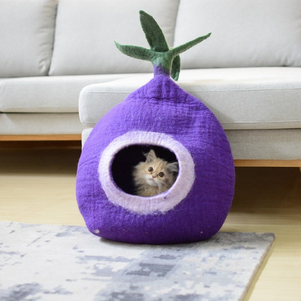 Felt Purple Cat House - Wool Felt Radish Design Cat Cave - Cozy Hideout For Cats - Colorful Kitty Nest - Gifts