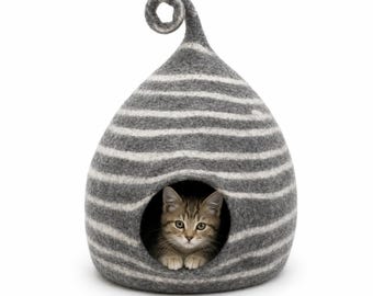 Stripes Design Large Cat House | Eco-Friendly, Handmade Felt Cocoon for Kitties| Wool Cat Cave: Comfortable, Safe, Warm!
