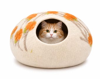 Floral Handmade Round Cat Cave- Wool Cat House Made Using 100% Pure Wool- Modern Pet Furniture- Eco-Friendly- Ideal Gift For Pet Lovers