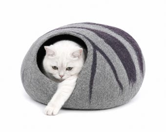 Handmade Gray Wool Cat Cave – Striped Felt Cat Bed