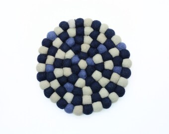 Set Of 3 - Blue Mix Felt Trivet - Felt Coaster Set - Round And Heat Resistant Trivet- Housewarming Gift